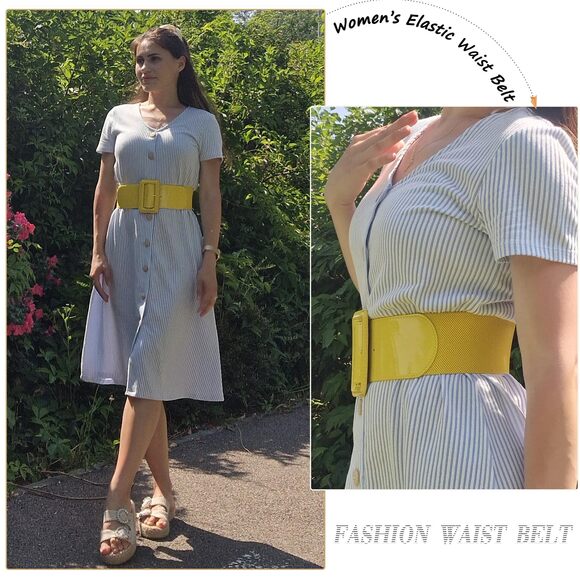 Women Wide Stretchy Vintage Belt Dress Elastic Waist Belts For Dress Yellow  3948